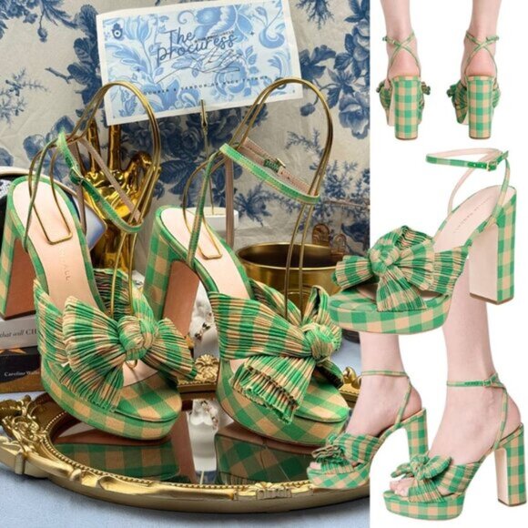 🆕 LOEFFLER RANDALL 🧿 NWOB Natalia Pleated Bow Platform Sandal, Plaid Green Sz7 - Picture 1 of 16